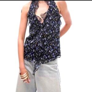 Topshop Black Floral Ruffle Halter Top